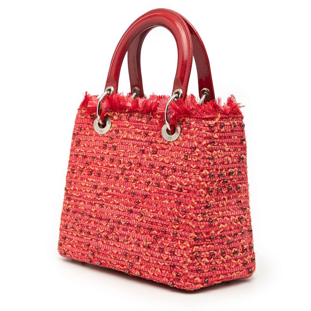 Dior Medium Tweed Fringe Rhinestone Lady Dior Red Tweed Good condition - Back View
