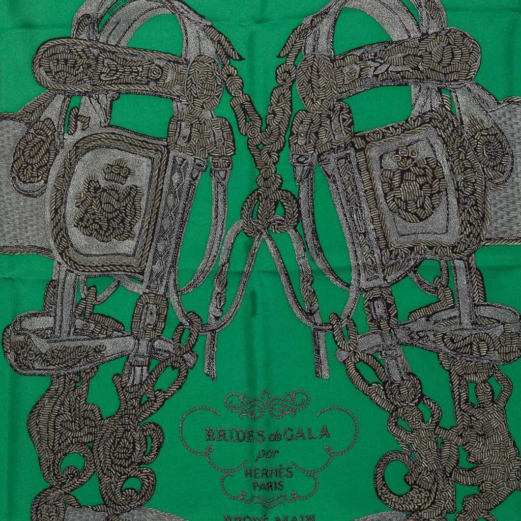 Hermès Brides De Gala Brode Main Silk Scarf 90 Green Silk Good condition - Model View