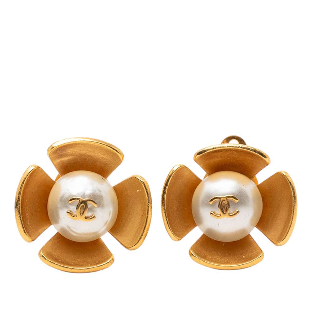 Chanel CC Gold Plated Faux Pearl Flower Clip On Earrings