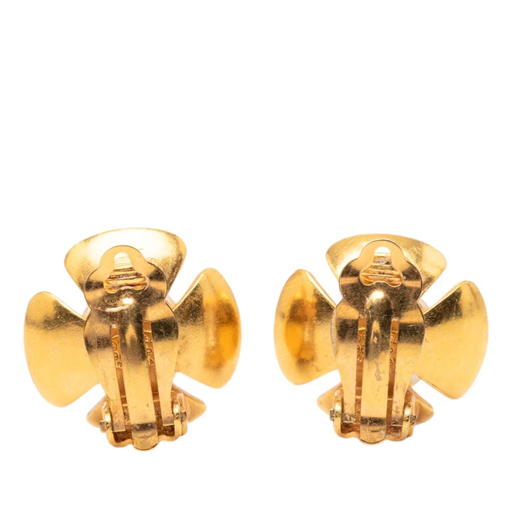 Chanel CC Gold Plated Faux Pearl Flower Clip On Earrings Gold Metal Good condition - Back View