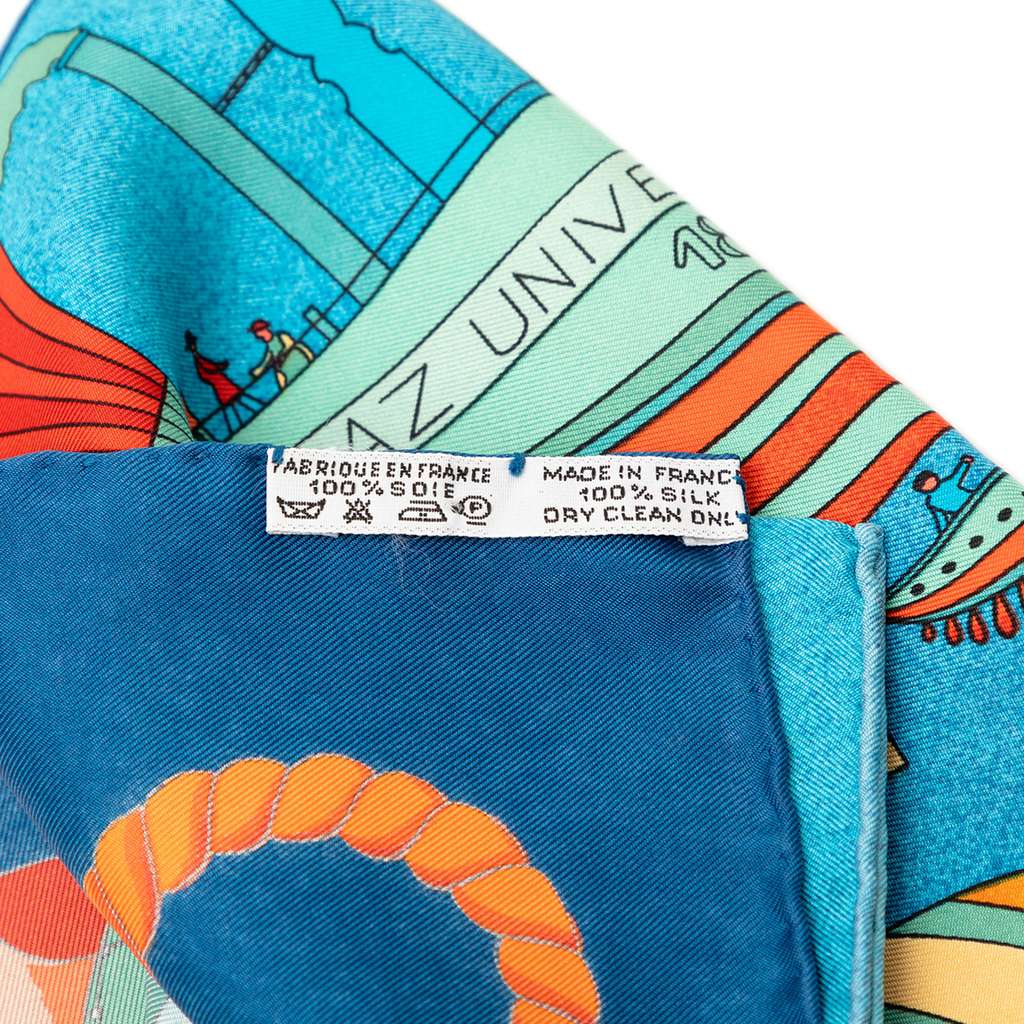 Hermès Les Folies du Ciel Double Face Silk Scarf 90 Blue Silk Good condition - Inside View