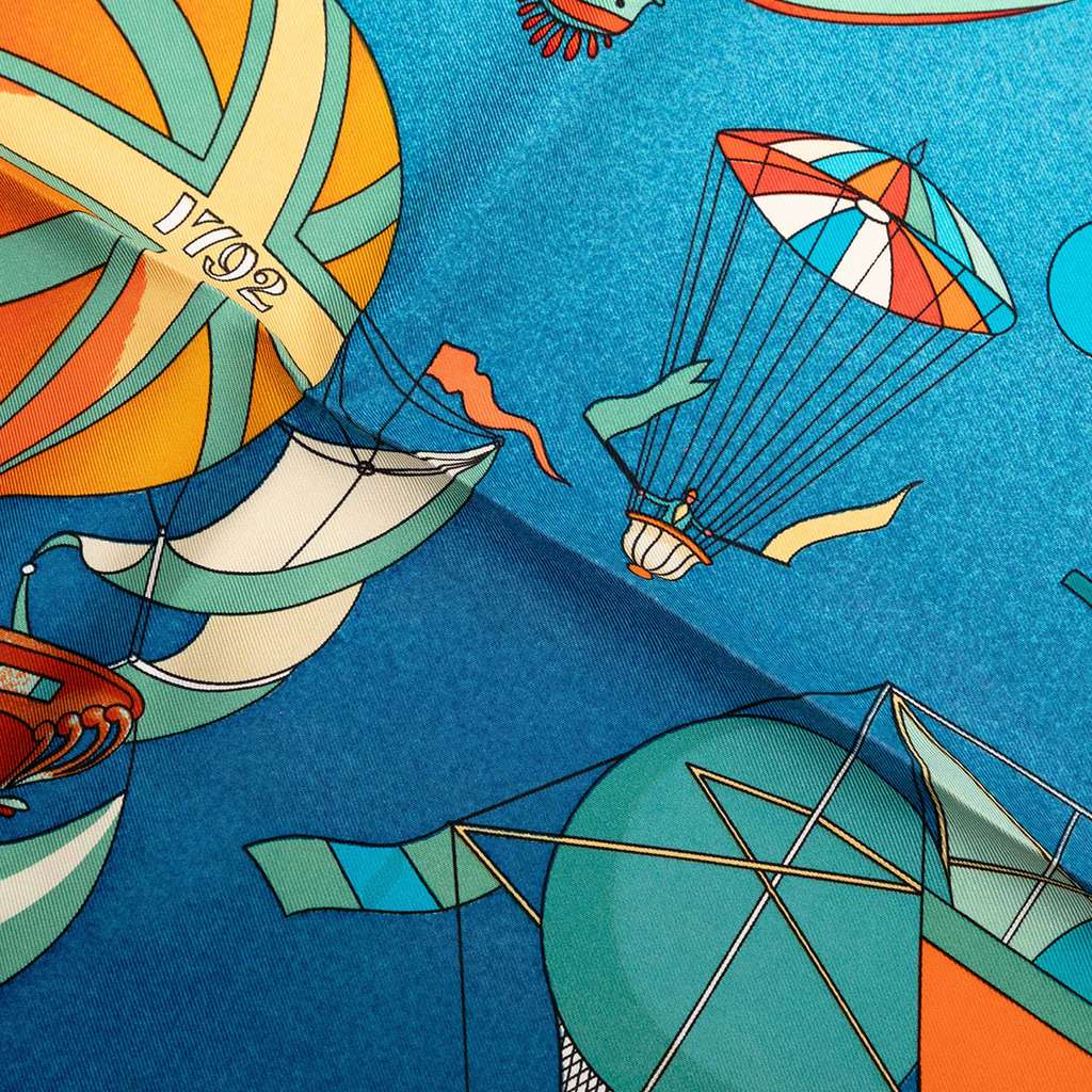 Hermès Les Folies du Ciel Double Face Silk Scarf 90 Blue Silk Good condition - Model View