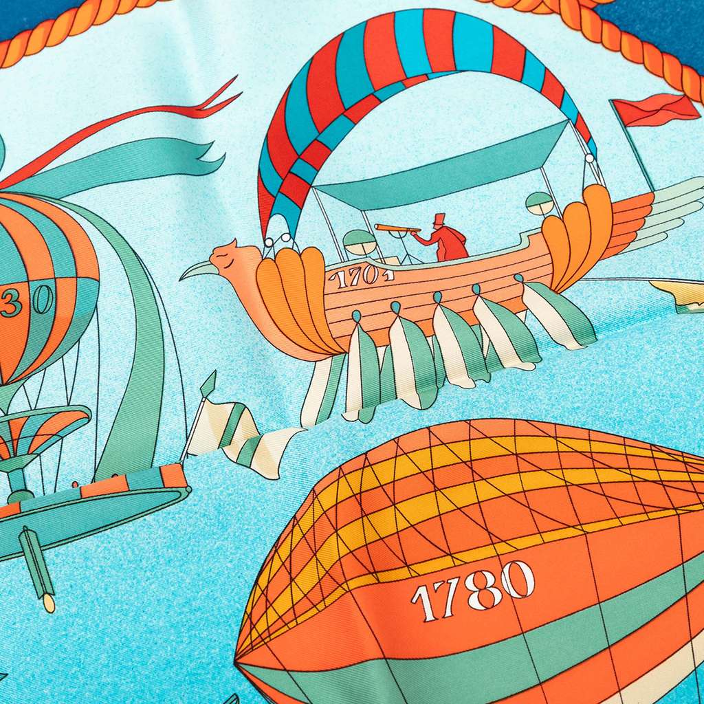 Hermès Les Folies du Ciel Double Face Silk Scarf 90 Blue Silk Good condition - Box View