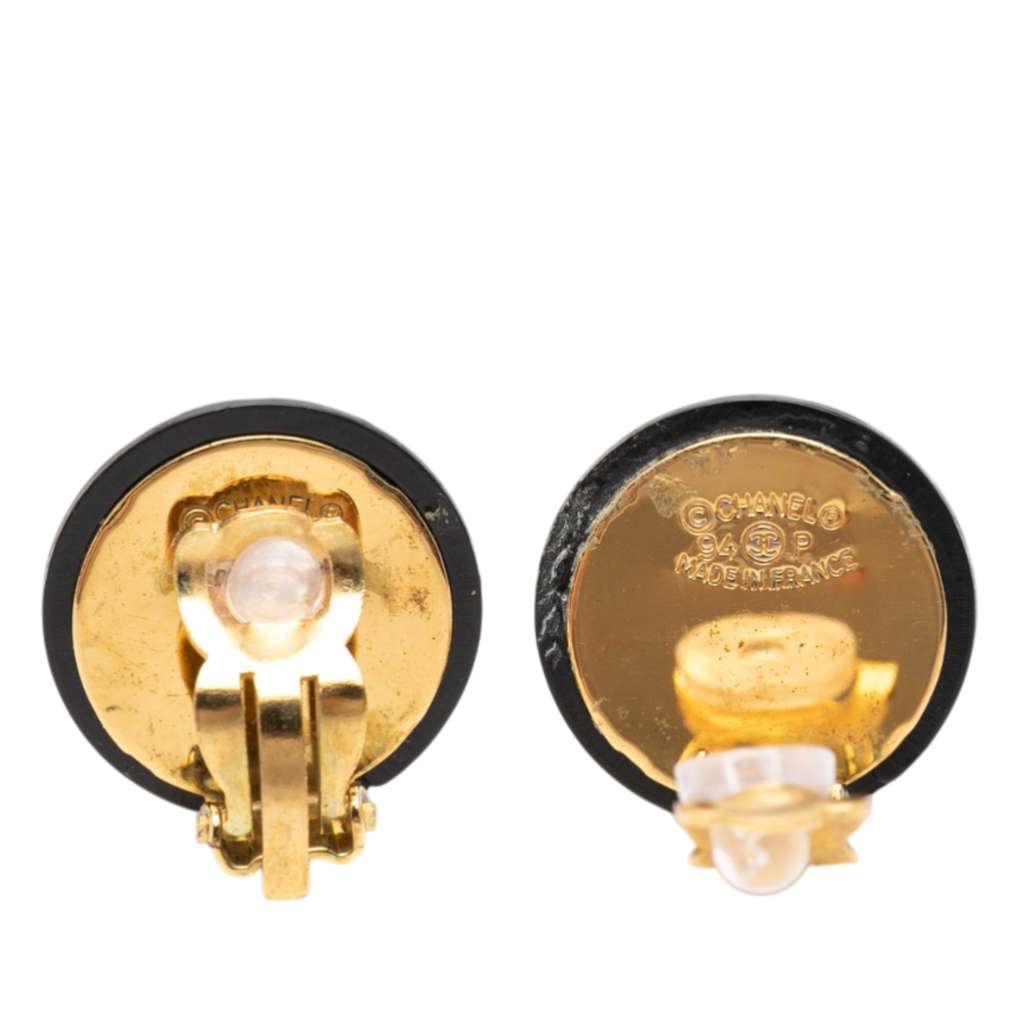 Chanel CC Resin and Gold Plated Quilted Button Clip On Earrings Black Good condition - Back View