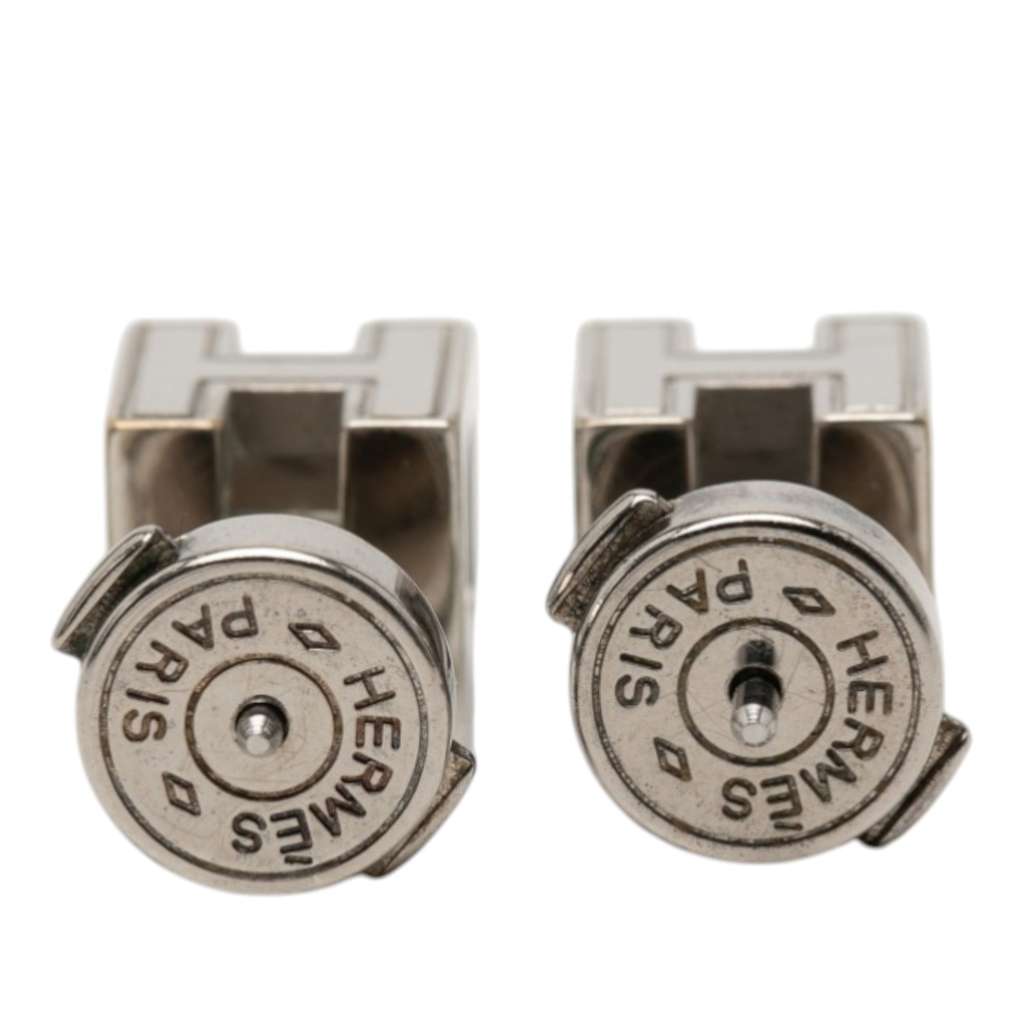 Hermès Palladium Plated Enamel Cage dH Cube Push Back Earrings Pink Metal Good condition - Back View