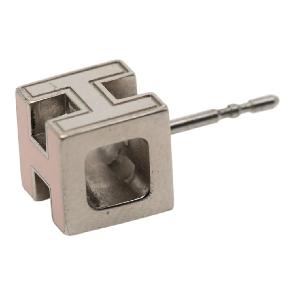 Hermès Palladium Plated Enamel Cage dH Cube Push Back Earrings Pink Metal Good condition - Box View