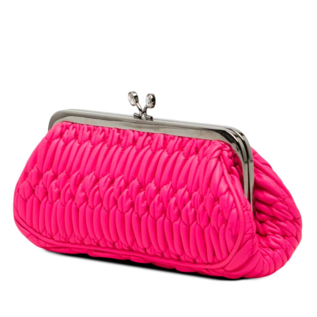 Miu Miu Matelasse Nappa Kiss Lock Frame Clutch Pink Leather Good condition - Back View