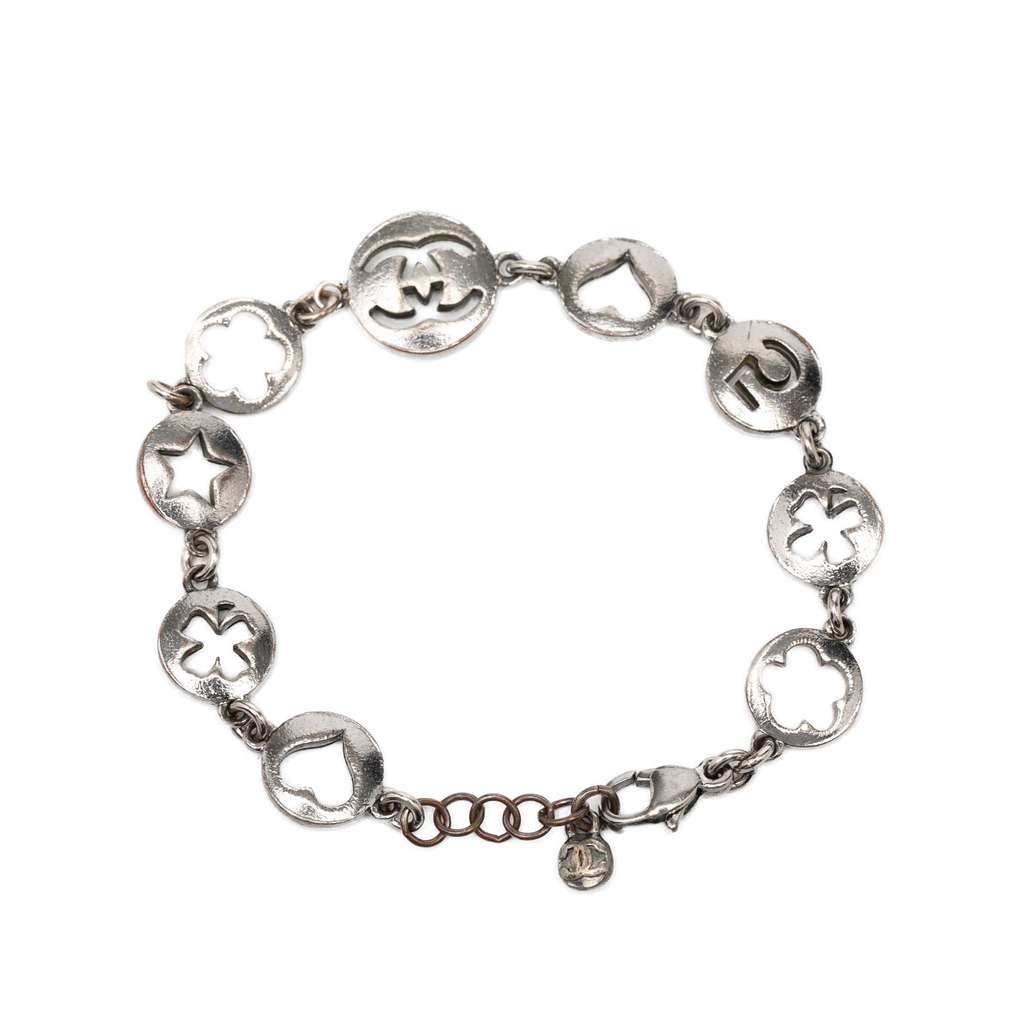 Chanel CC Plated No. 5 Cutout Charms Chain Bracelet Silver Brass Good condition - Inside View