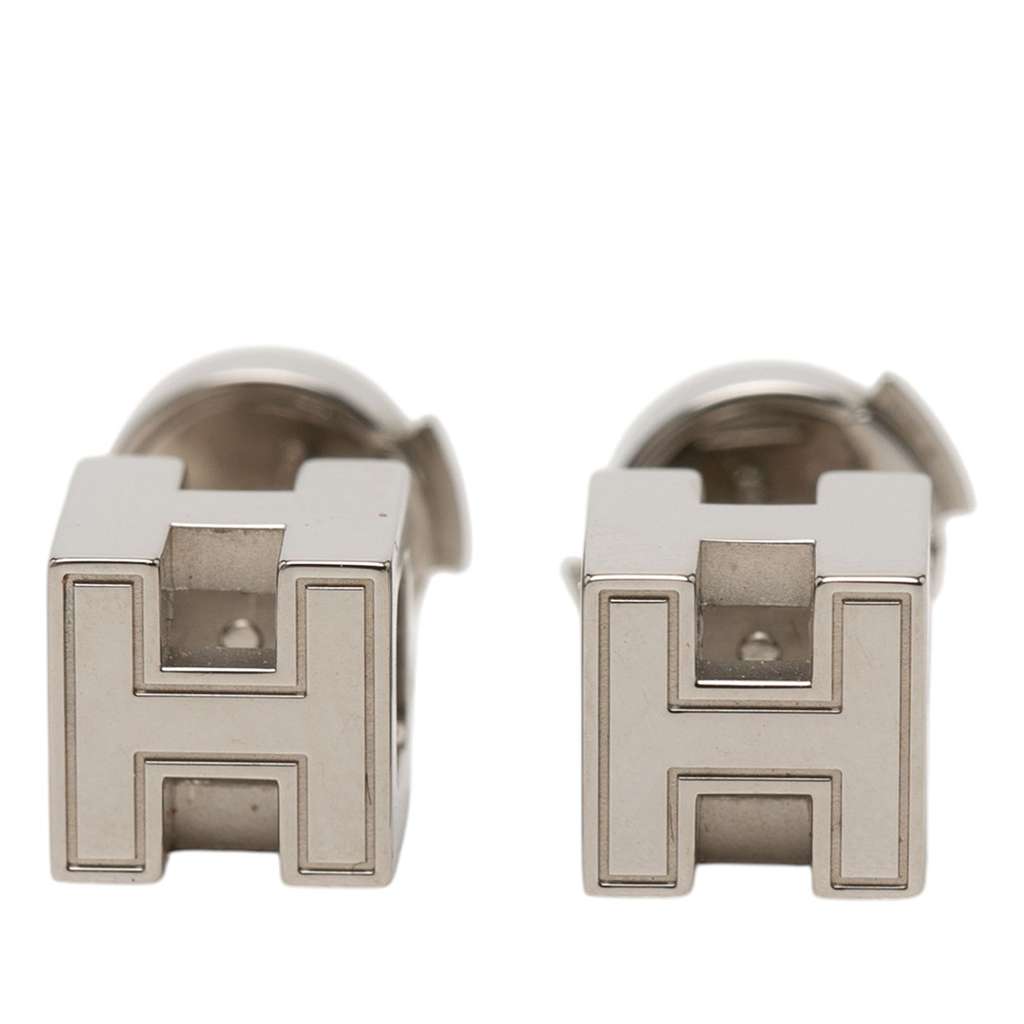 Hermès Palladium Plated Cage dH Cube Push Back Earrings