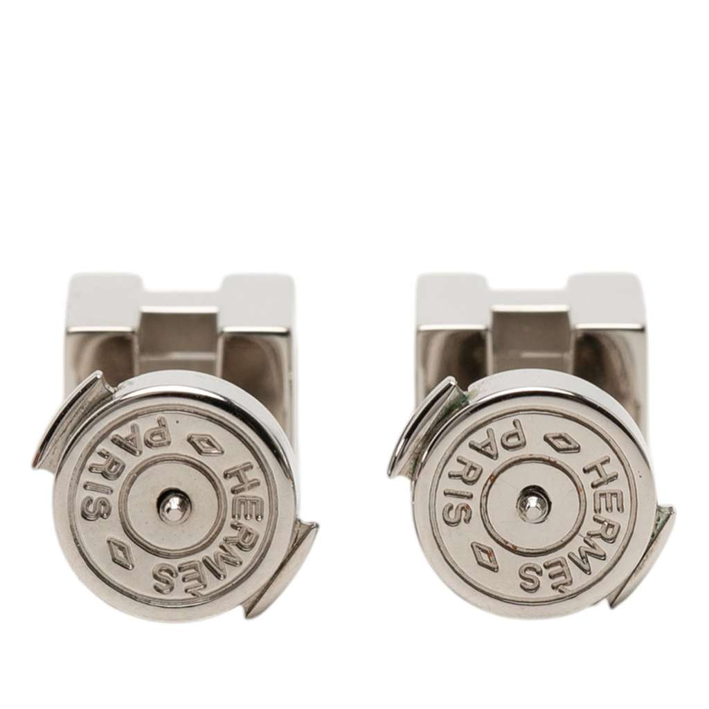 Hermès Palladium Plated Cage dH Cube Push Back Earrings Silver Metal Good condition - Back View