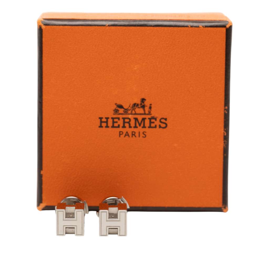 Hermès Palladium Plated Cage dH Cube Push Back Earrings Silver Metal Good condition - Inside View