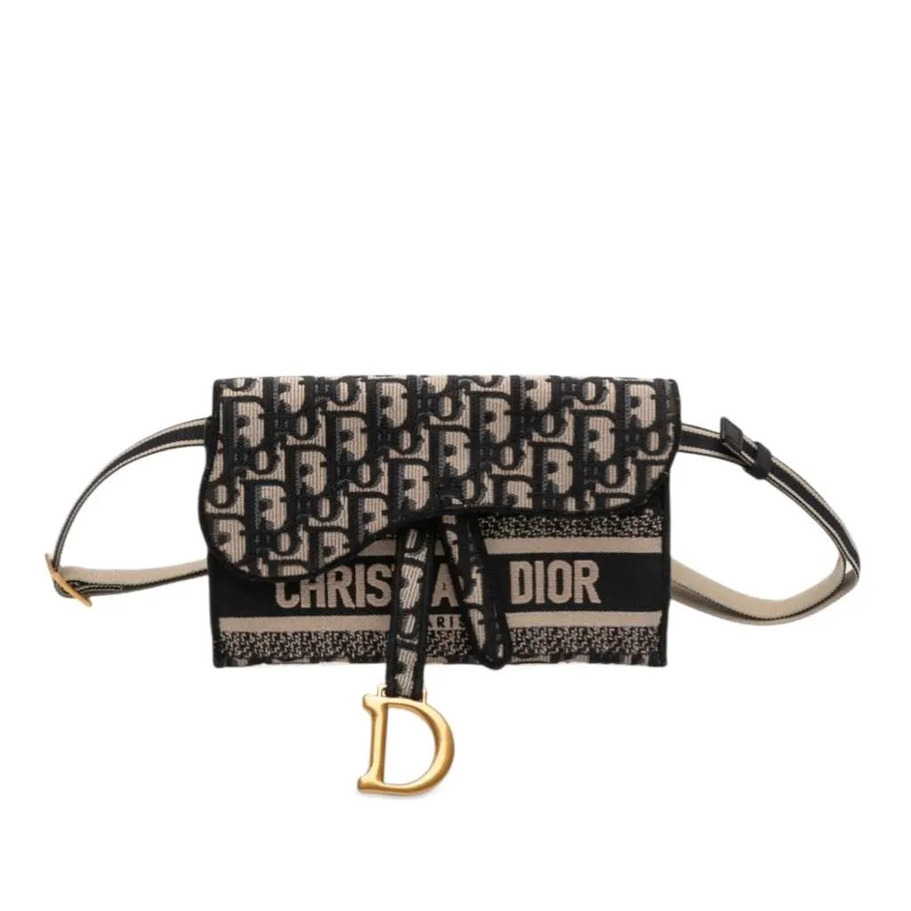 Dior Oblique Canvas Embroidered Saddle Slim Belt Pouch Blue Canvas Never worn - Front View