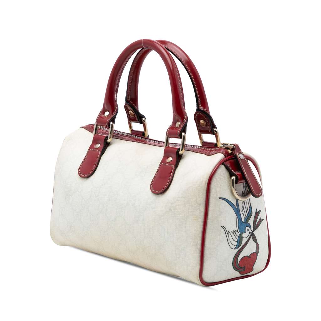 Gucci Small GG Supreme Joy Tattoo Heart Boston Bag White Canvas Good condition - Back View