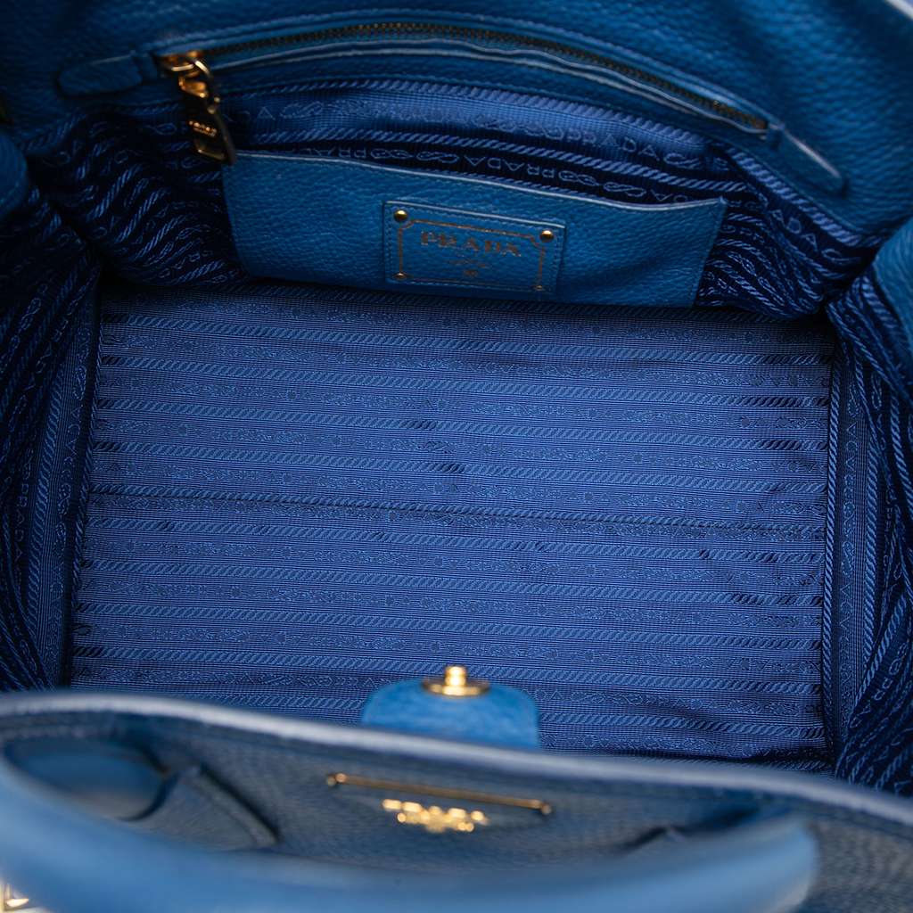Prada Vitello Daino Front Pocket Open Convertible Tote Blue Leather Good condition - Model View