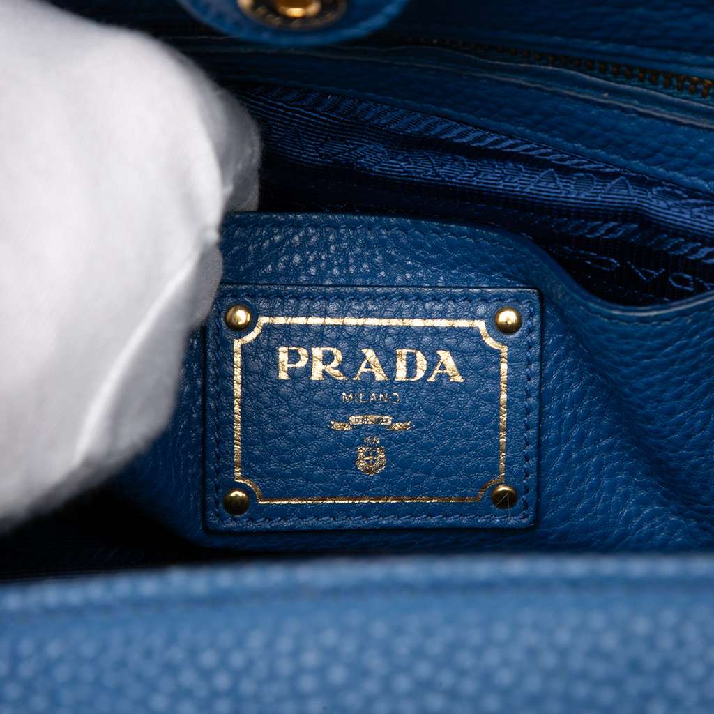 Prada Vitello Daino Front Pocket Open Convertible Tote Blue Leather Good condition - Box View