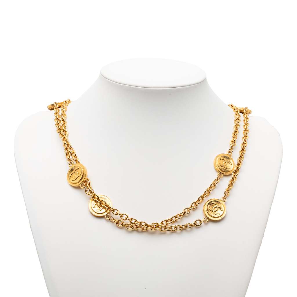 Chanel CC Gold Plated Coin Chain Long Necklace Gold Metal Good condition - Box View