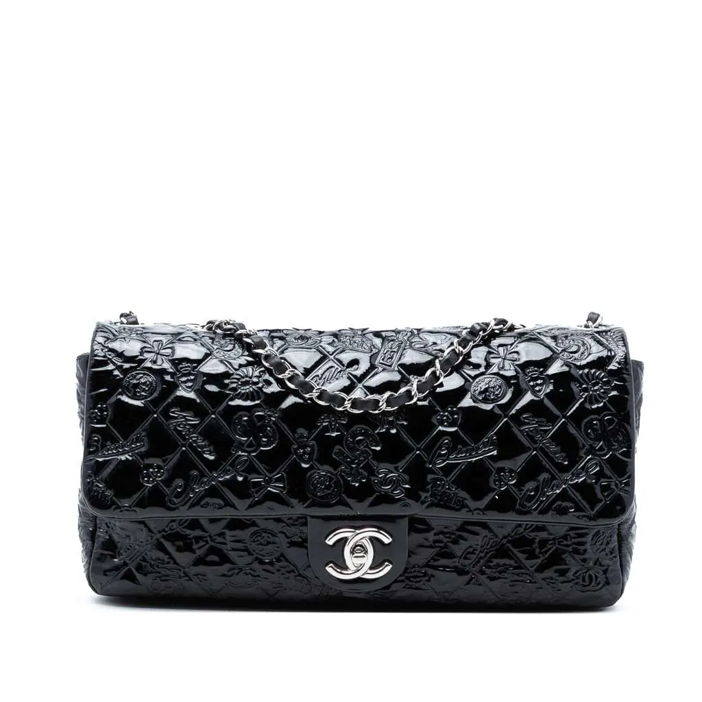 Chanel Jumbo Patent Embossed Lucky Symbols Flap Black Leather Very good - Front View