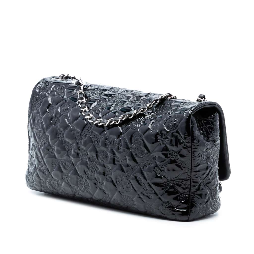 Chanel Jumbo Patent Embossed Lucky Symbols Flap Black Leather Good condition - Back View