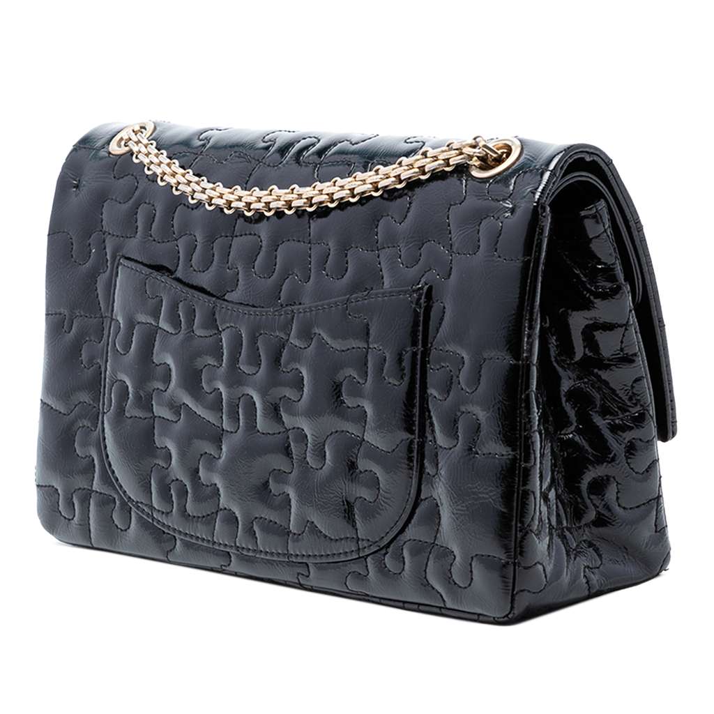 Chanel Reissue 2.55 Crackled Patent Puzzle Double Flap 226 Black Leather Good condition - Back View