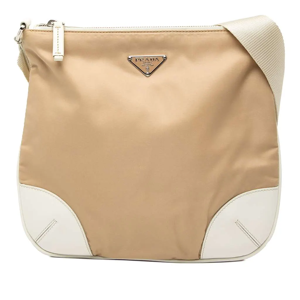 Prada Leather Trimmed Tessuto Zip Top Crossbody Beige Very good - Front View