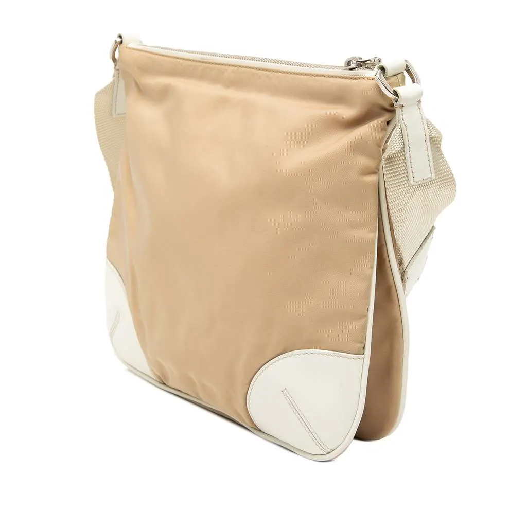 Prada Leather Trimmed Tessuto Zip Top Crossbody Beige Very good - Back View