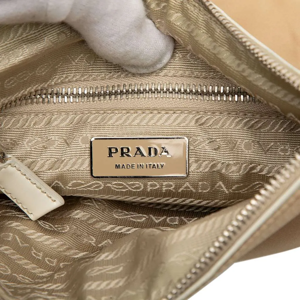 Prada Leather Trimmed Tessuto Zip Top Crossbody Beige Very good - Box View