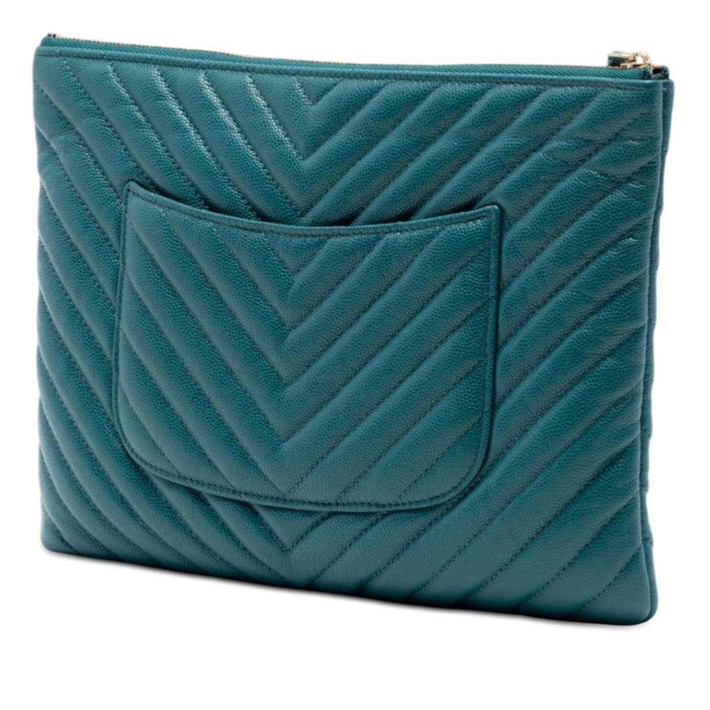 Chanel Medium CC Chevron Caviar O Case Clutch Blue Leather Good condition - Back View