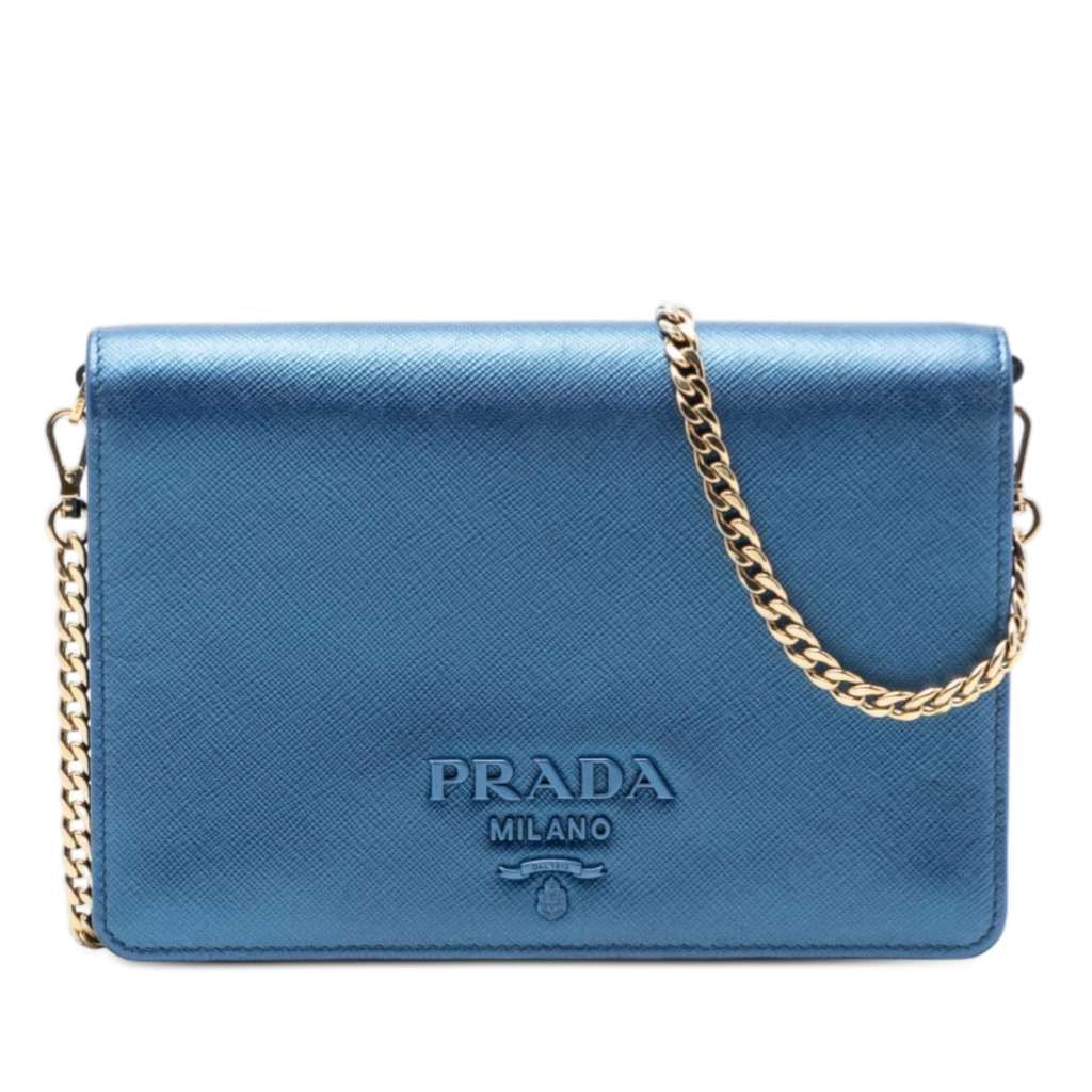 Prada Metallic Saffiano Lux Monochrome Wallet on Chain