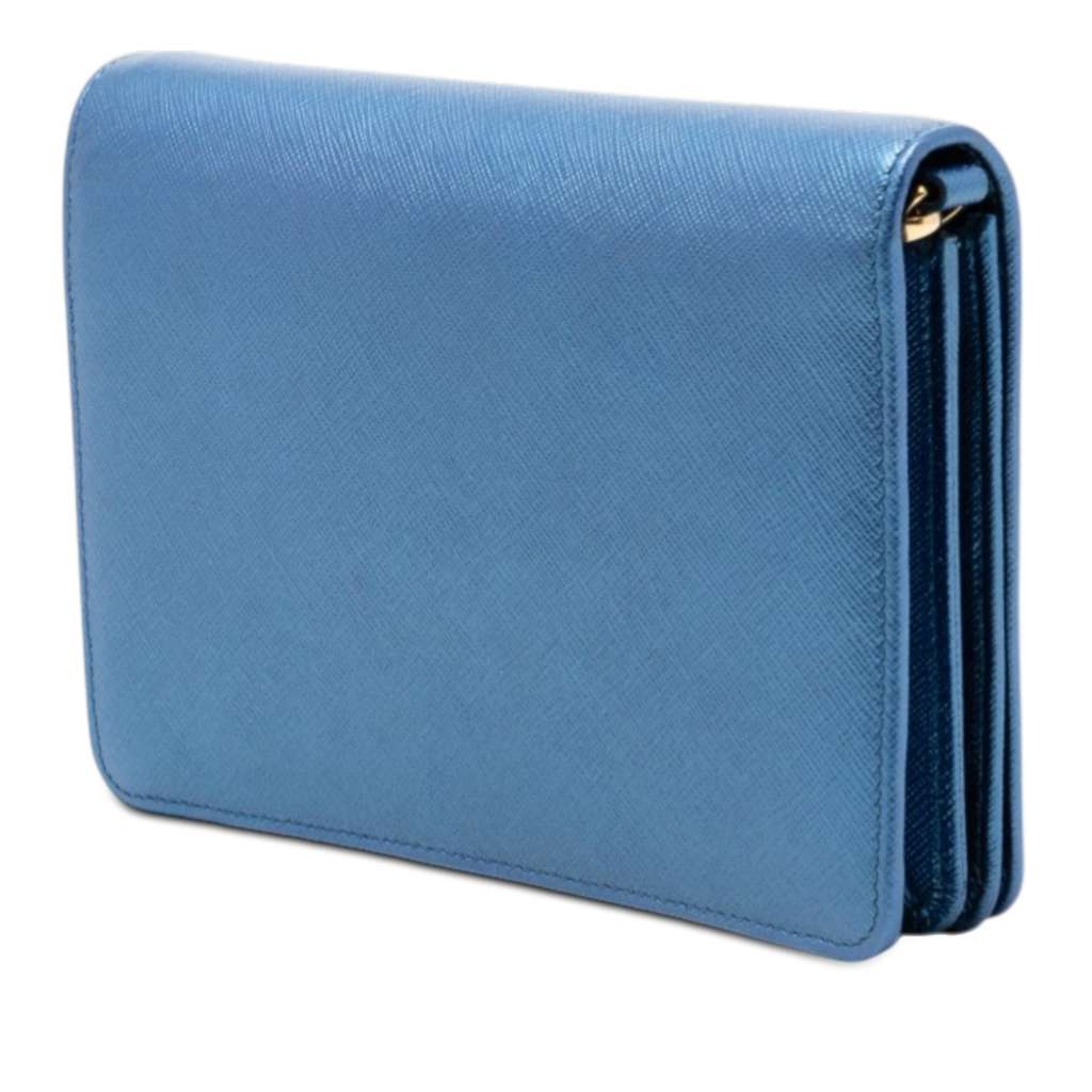 Prada Metallic Saffiano Lux Monochrome Wallet on Chain Blue Leather Good condition - Back View