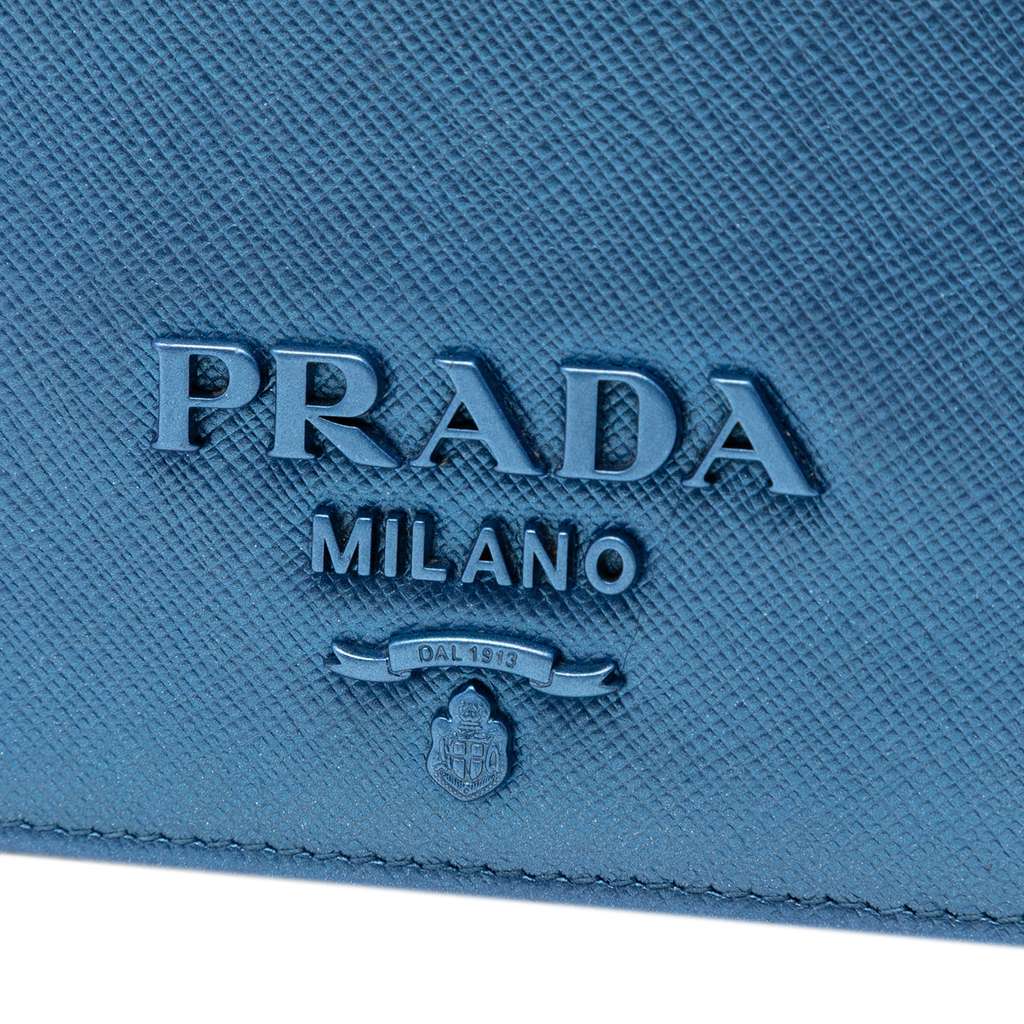 Prada Metallic Saffiano Lux Monochrome Wallet on Chain Blue Leather Good condition - Box View