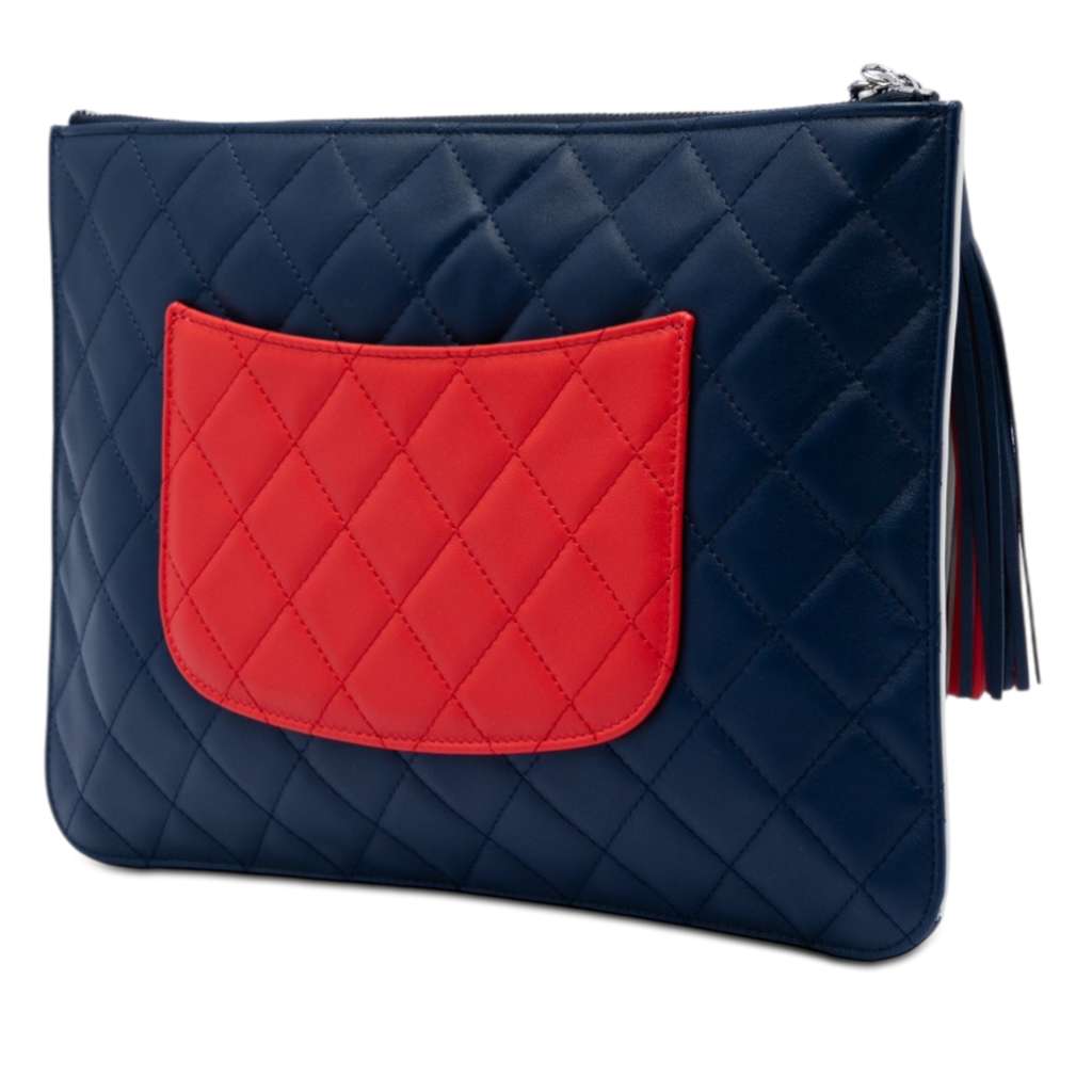 Chanel CC Lambskin Patchwork Tassel Clutch Red Leather Good condition - Back View