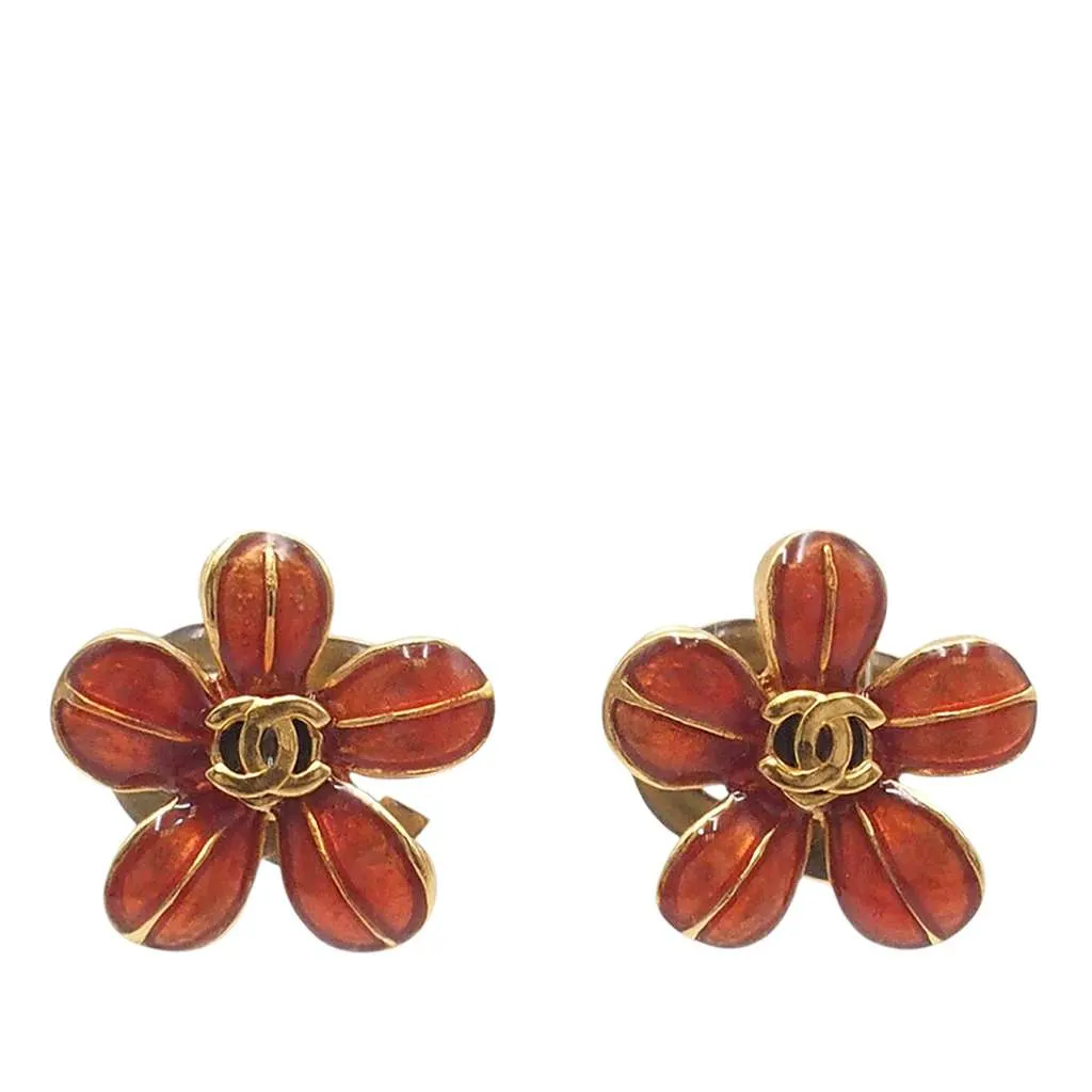 Chanel Gold Plated and Resin CC Flower Push Back Earrings Red Very good - Front View