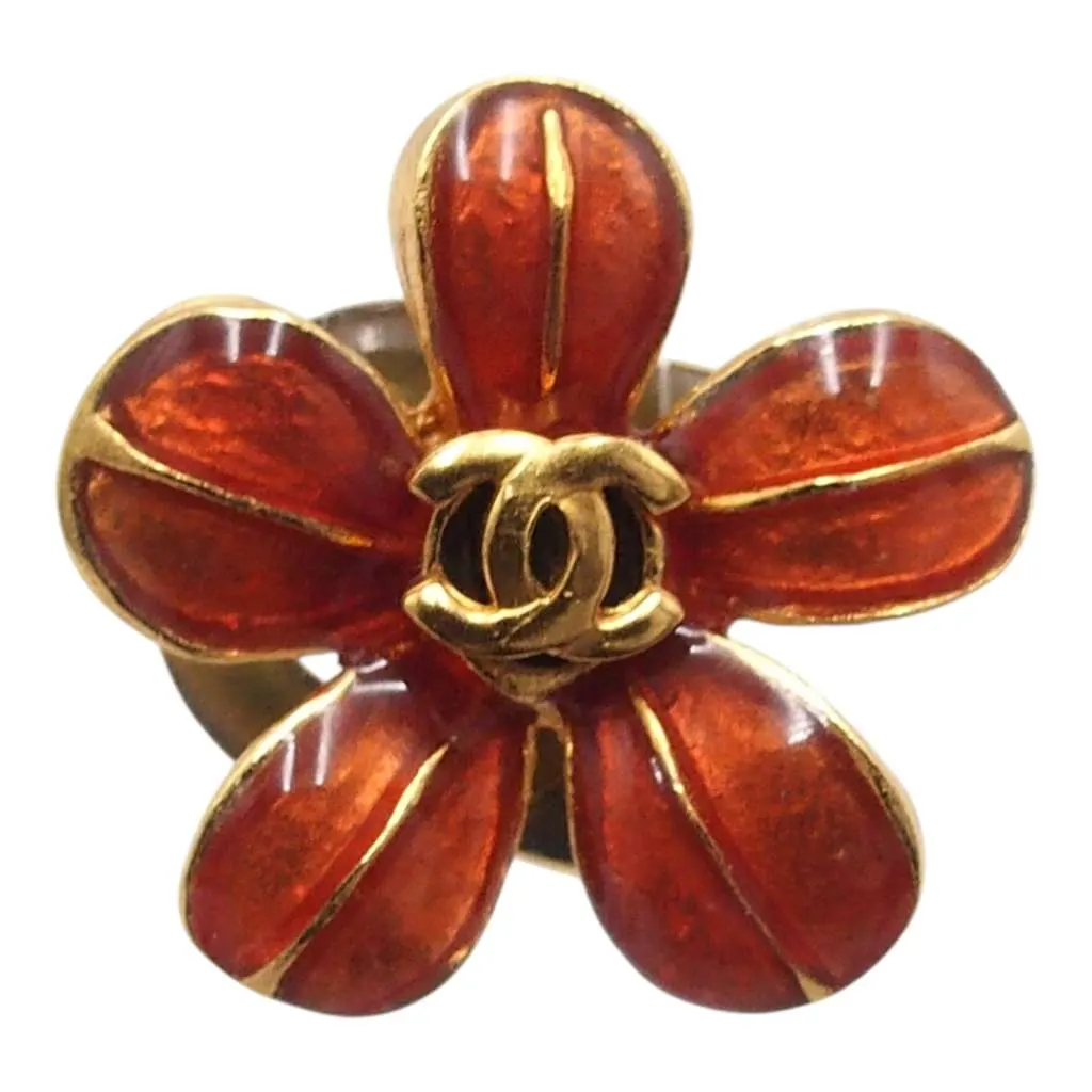 Chanel Gold Plated and Resin CC Flower Push Back Earrings Red Very good - Box View