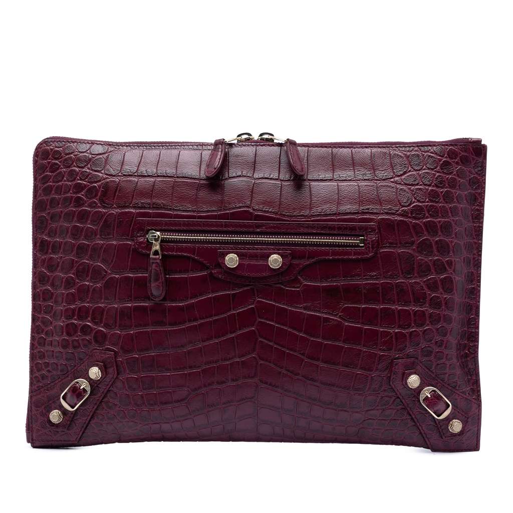 Balenciaga Croc Embossed Calfskin Motocross Giant 12 Zip Around Flat Clutch