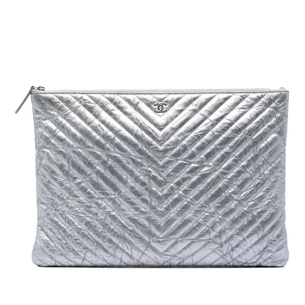 Chanel Large Chevron Metallic Aged Calfskin O Case Clutch