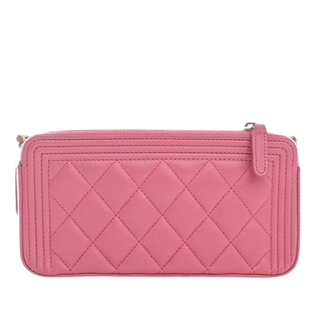 Chanel Quilted Lambskin Boy Double Zip Wallet On Chain Pink Leather Very good condition - Back View