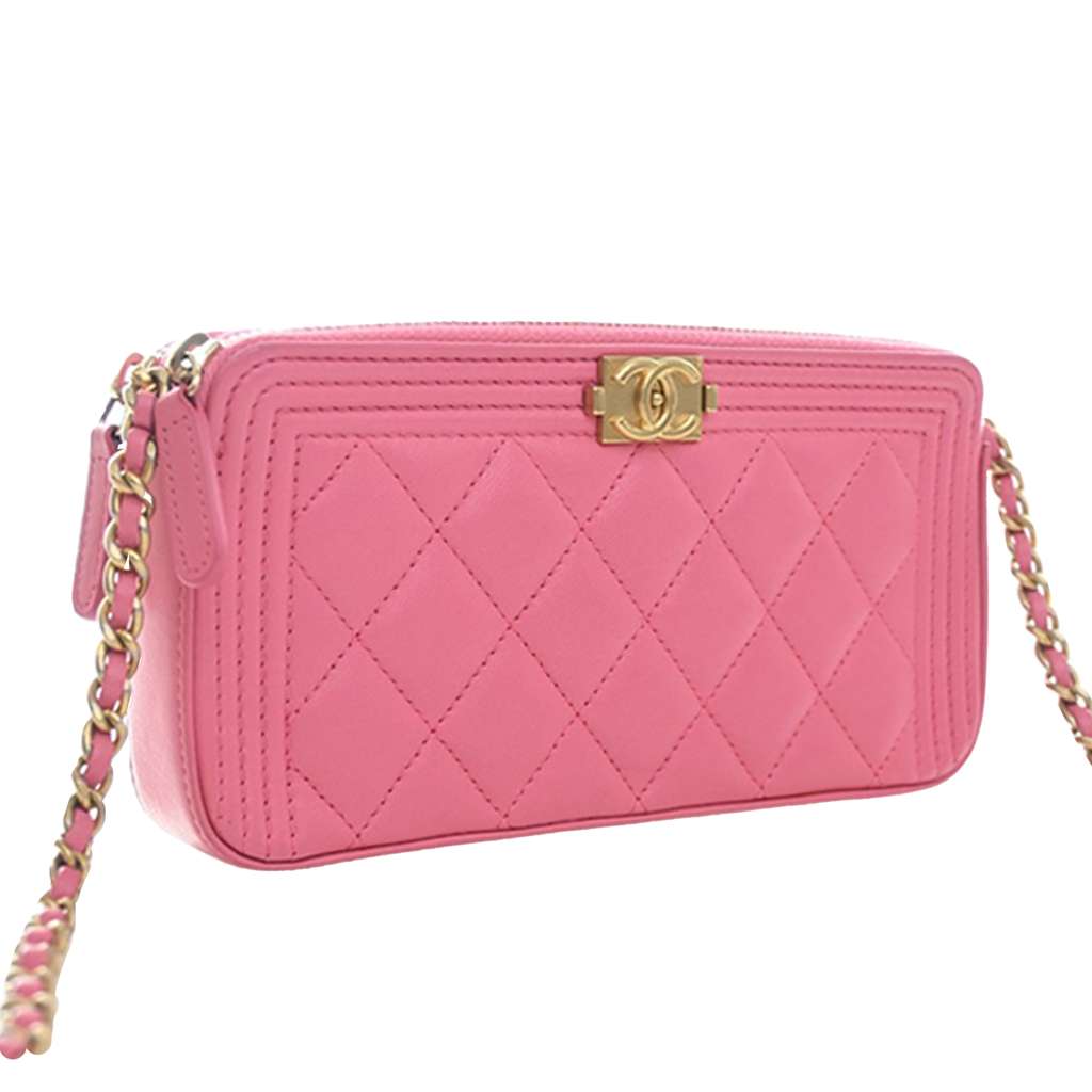 Chanel Quilted Lambskin Boy Double Zip Wallet On Chain Pink Leather Very good condition - Inside View