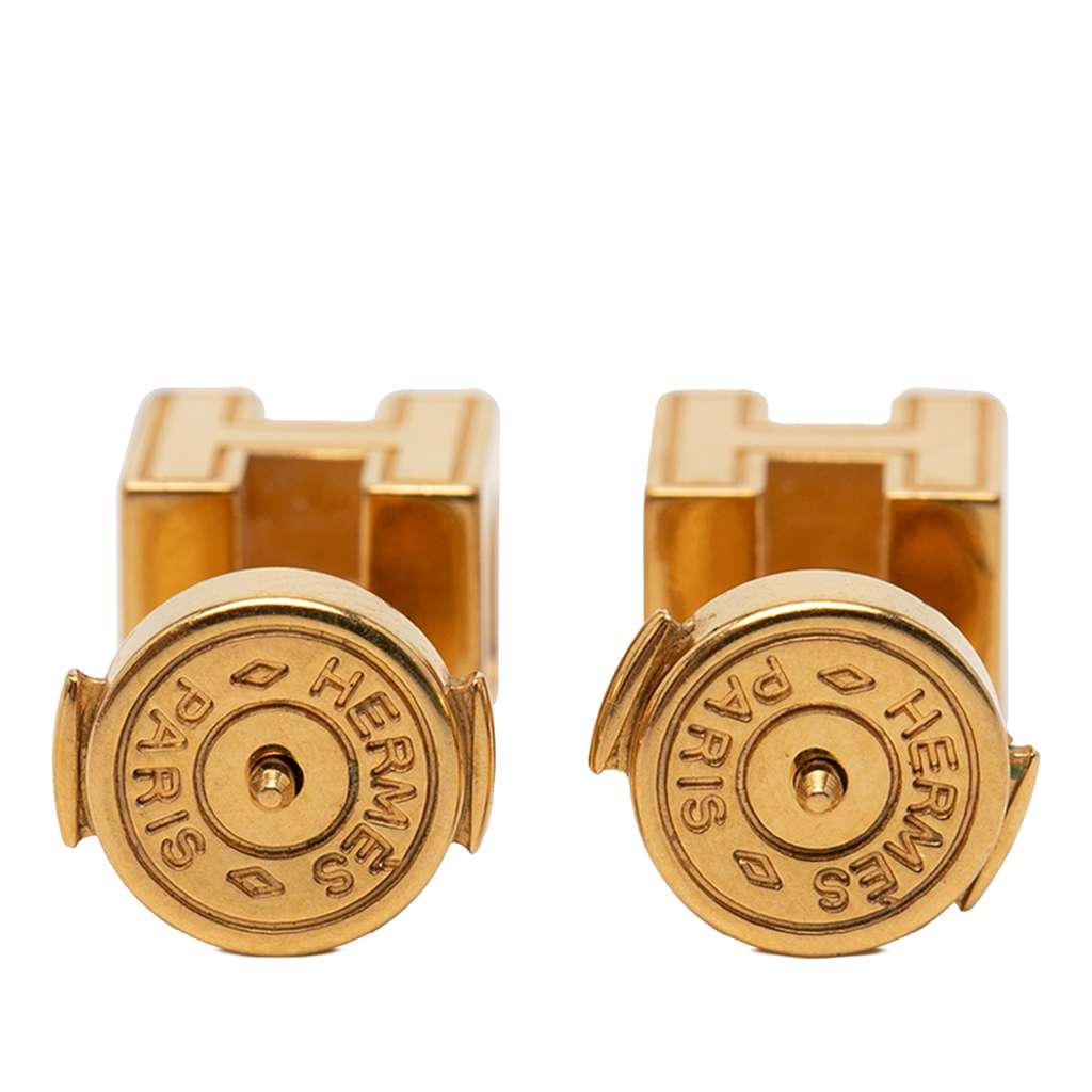 Hermès Gold Plated Enamel Cage dH Cube Push Back Earrings Purple Metal Very good condition - Back View