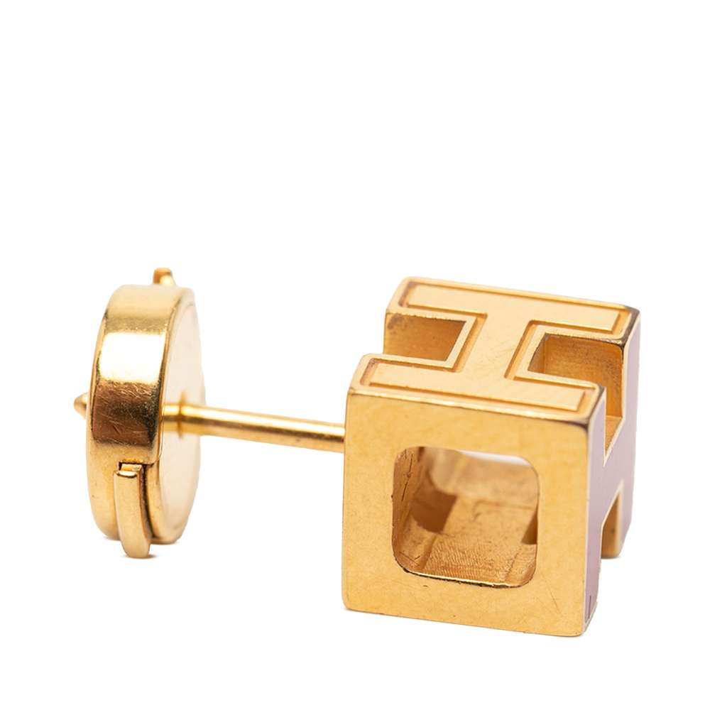 Hermès Gold Plated Enamel Cage dH Cube Push Back Earrings Purple Metal Very good condition - Inside View
