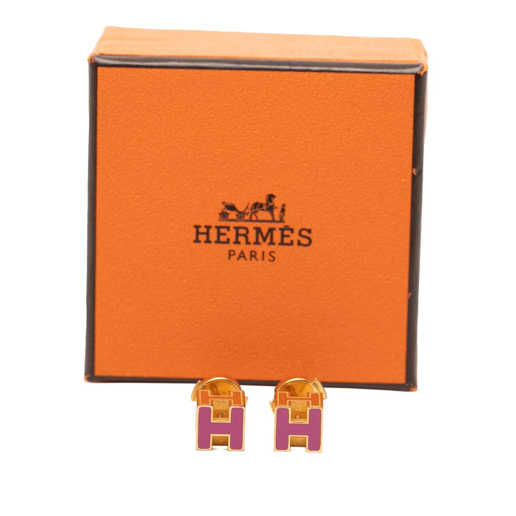 Hermès Gold Plated Enamel Cage dH Cube Push Back Earrings Purple Metal Very good condition - Model View