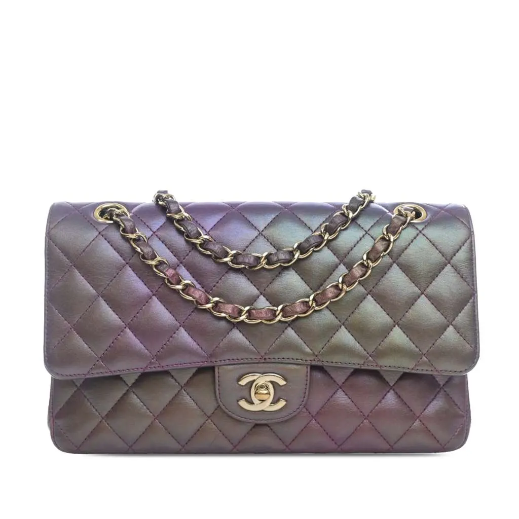 Chanel Medium Classic Iridescent Lambskin Double Flap Purple Leather Very good - Front View