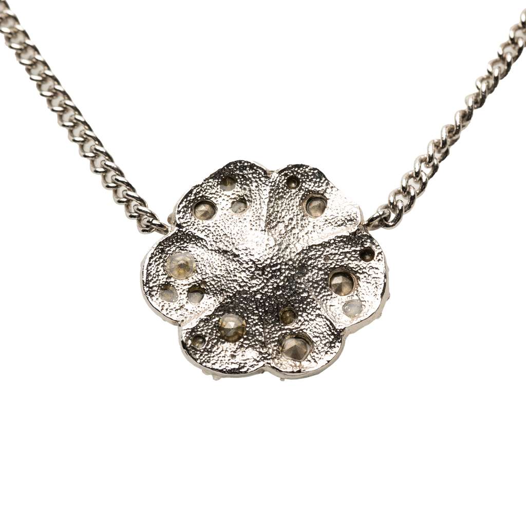 Chanel Brass and Strass Camellia Pendant Necklace Silver Brass Very good condition - Back View