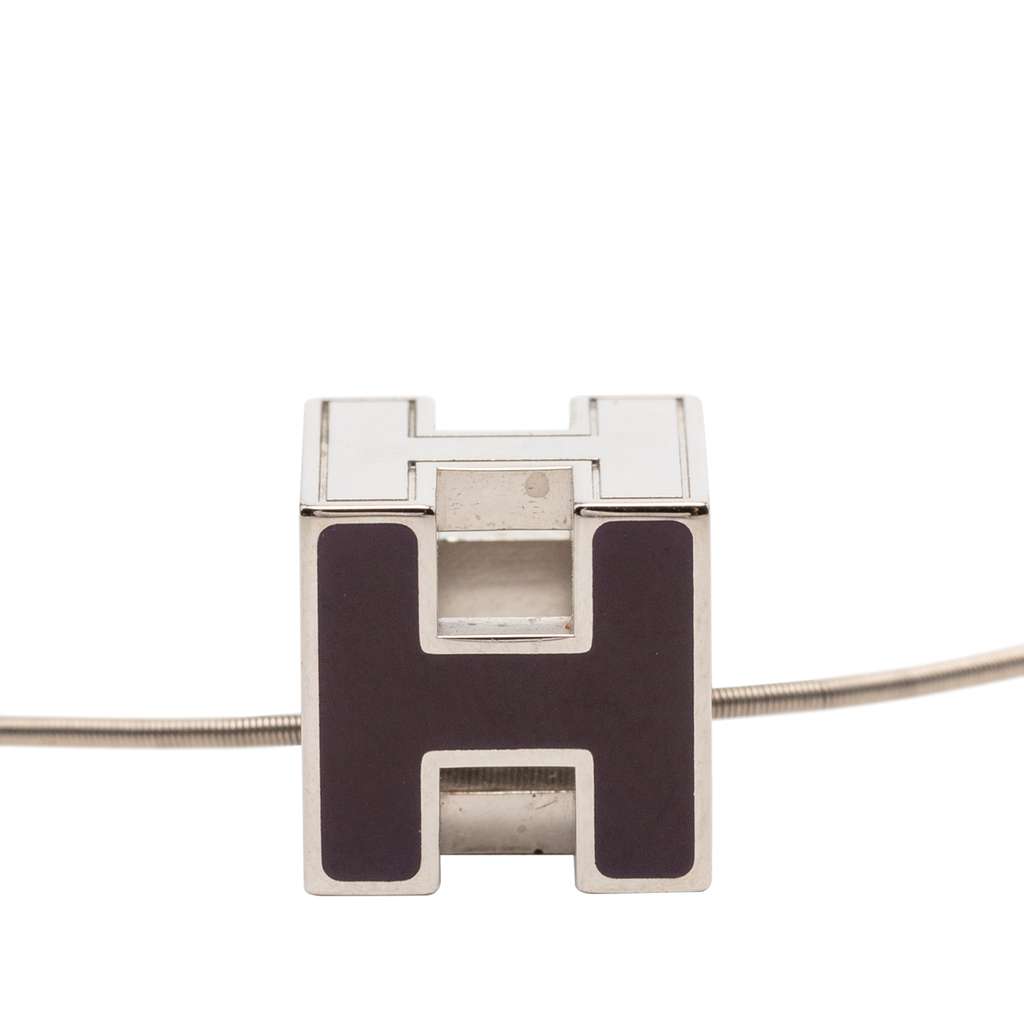 Hermès Palladium Plated Enamel Cage dH Cube Necklace Silver Metal Very good condition - Back View