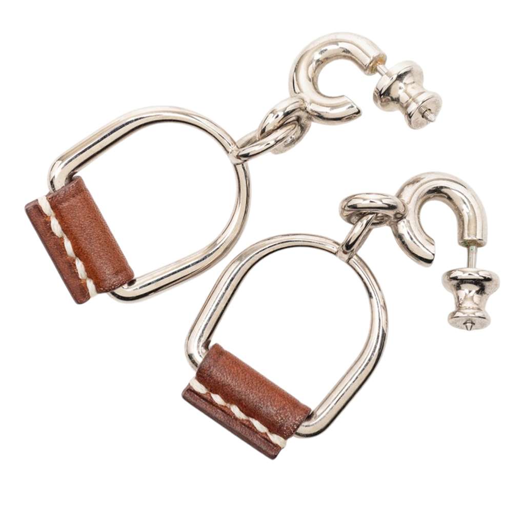 Hermès Silver Plated and Swift Leather Equestre Etrier Push Back Earrings Silver Metal Very good condition - Back View