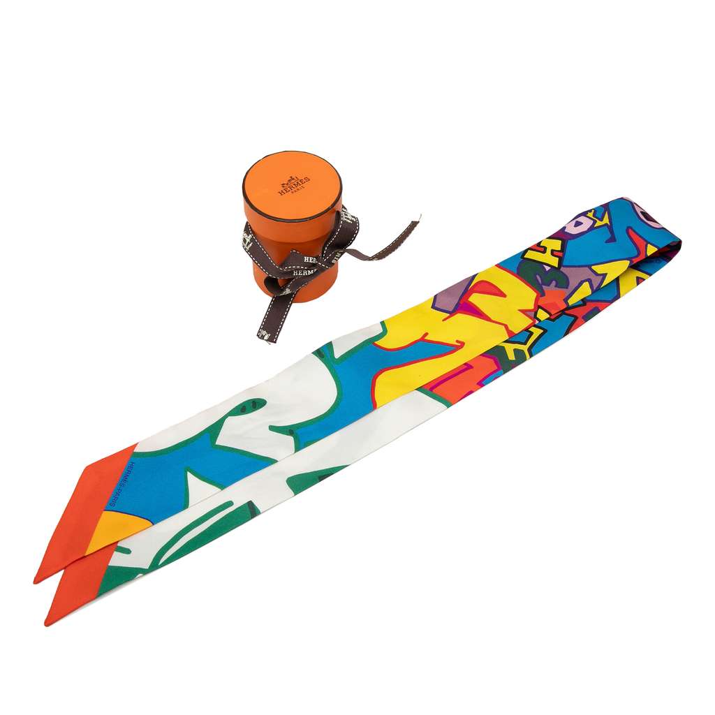 Hermès Graffiti Silk Twilly Scarf Blue Silk Very good condition - Box View