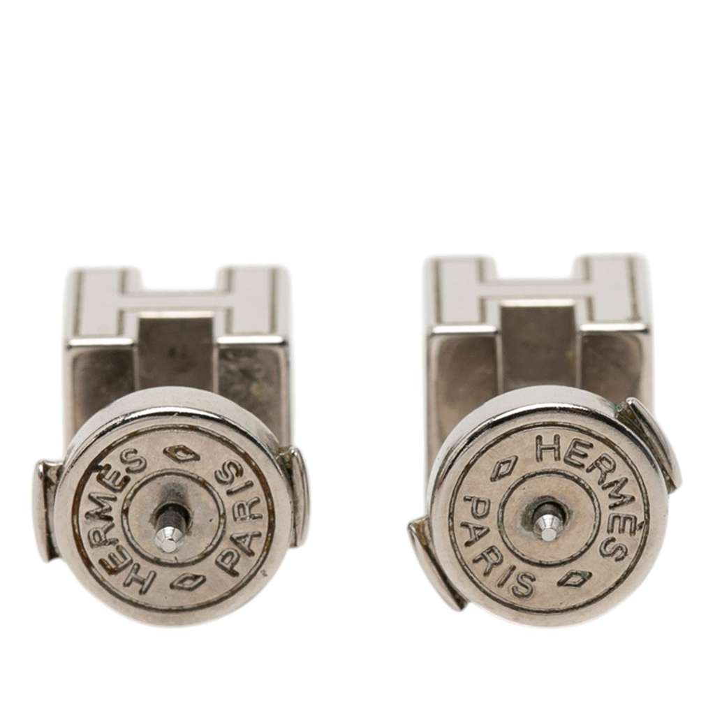Hermès Palladium Plated Cage D H Cube Earrings Silver Metal Very good condition - Back View