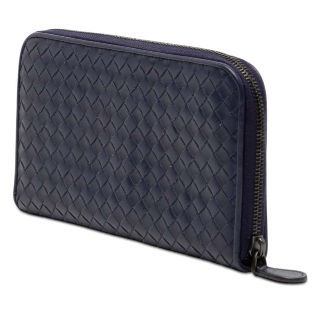 Bottega Veneta Leather Intrecciato Zip Around Wallet Blue Leather Very good condition - Back View