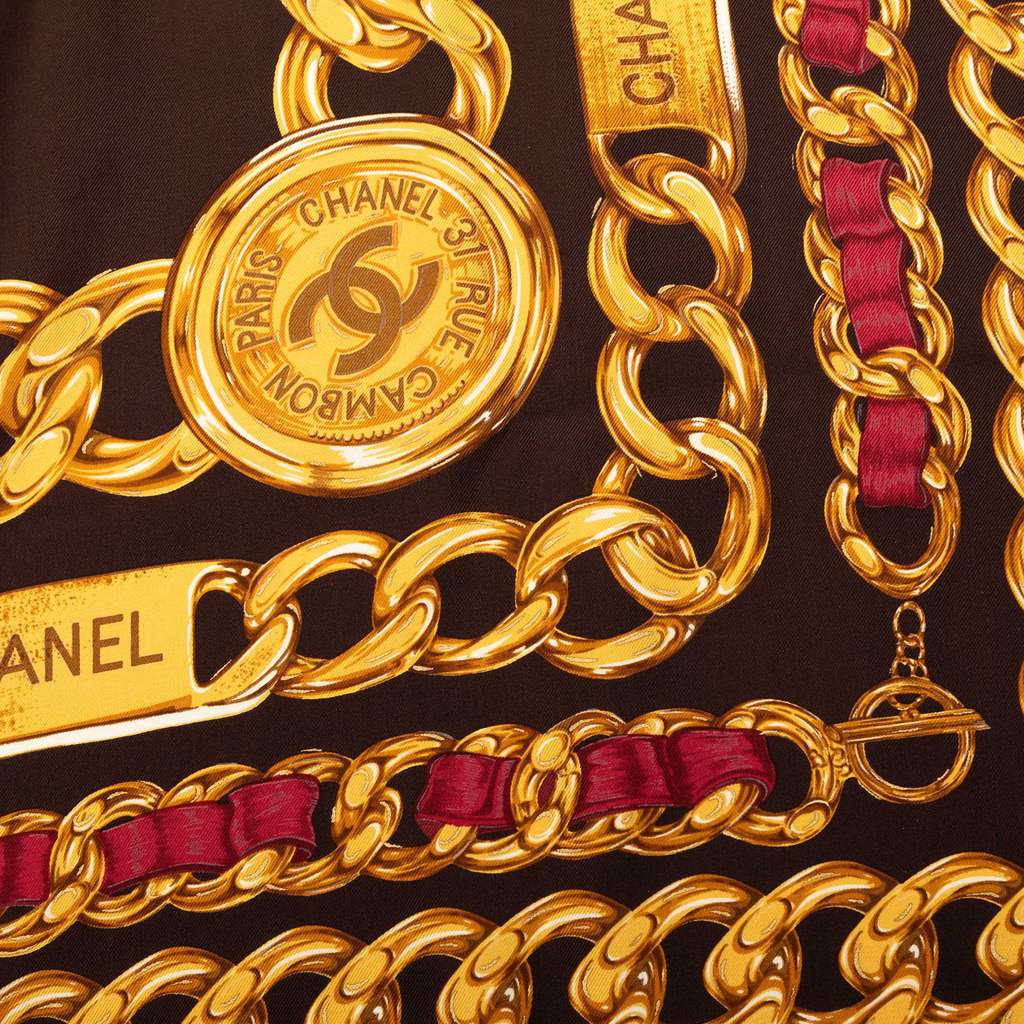 Chanel CC Medallion Chain Printed Silk Scarf Brown Silk Very good condition - Box View