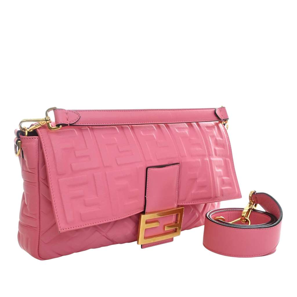 Fendi Large Zucca Embossed Leather Baguette Satchel Pink Leather Very good condition - Back View