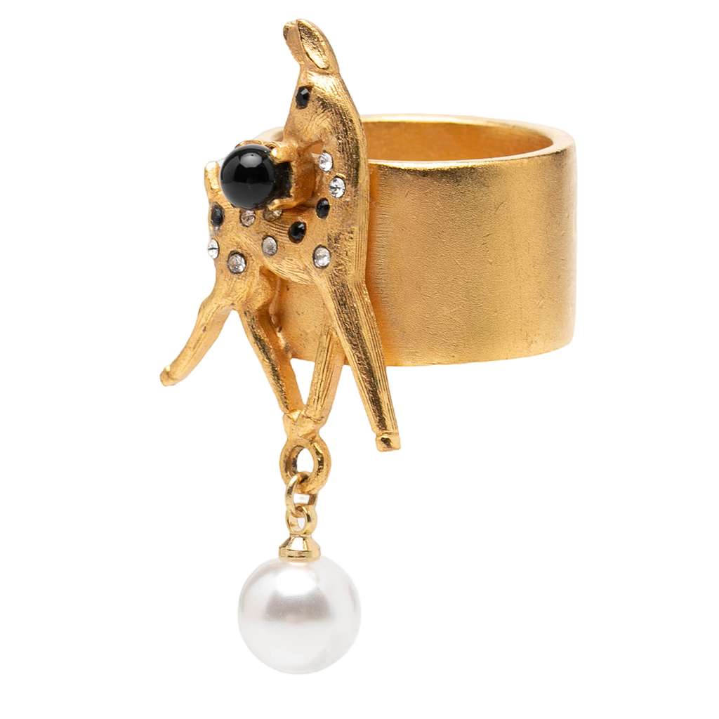 Chanel Gold Plated Rhinestone and Faux Pearl Bambi Ring Gold Metal Very good condition - Back View